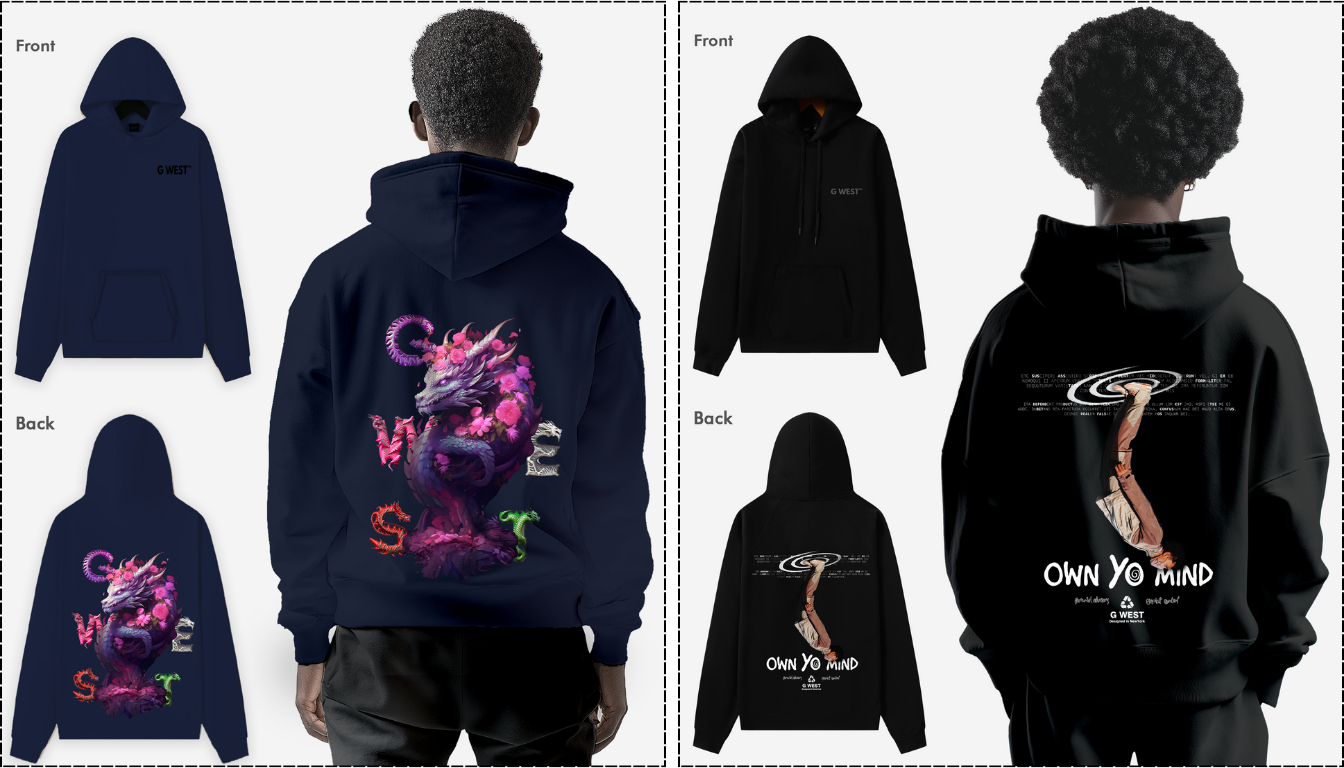 A stylish young adult in premium graphic hoodies by G West, showcasing bold streetwear art and modern urban fashion with creative designs.