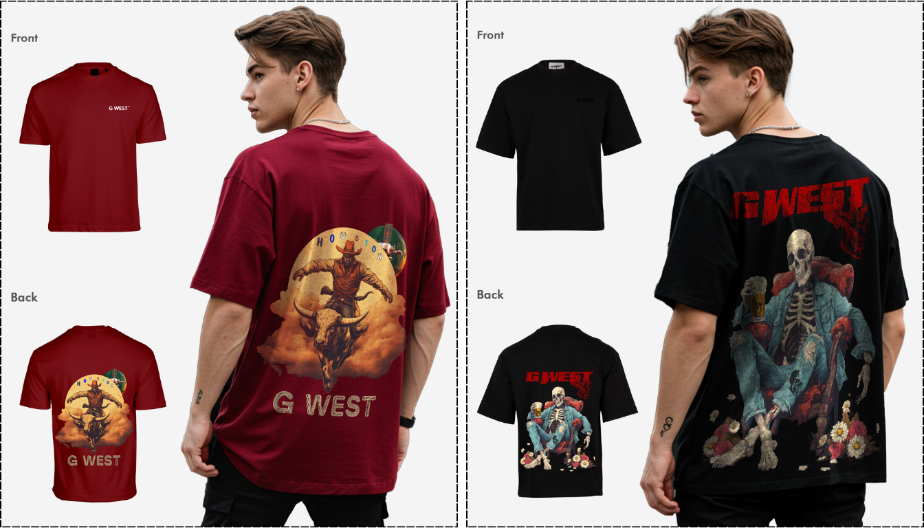 A young man wearing G West graphic tees featuring bold cowboy and skeleton designs, showcasing modern edgy streetwear style.