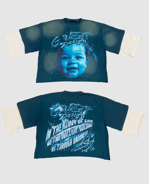 G WEST 3/4 TWO TONE SLEEVE RHINESTONE GLORY COTTON JERSEY TEE - G West