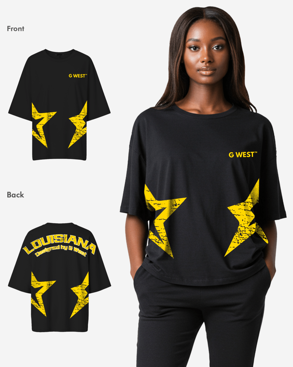 G West Oversized Louisiana Arch Logo Black Tee - WOMEN - G West