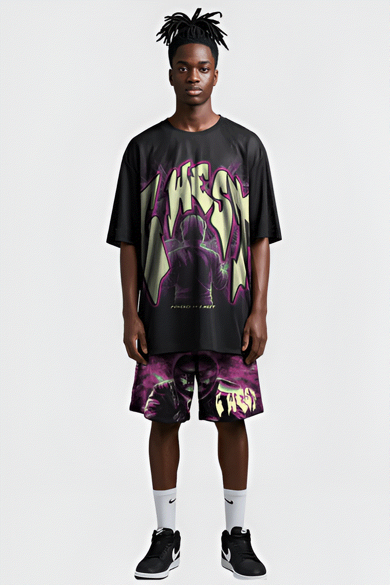 G WEST RHINESTONE MAN IN GLOW 3/4 SLEEVES MESH SHORT SET - G West