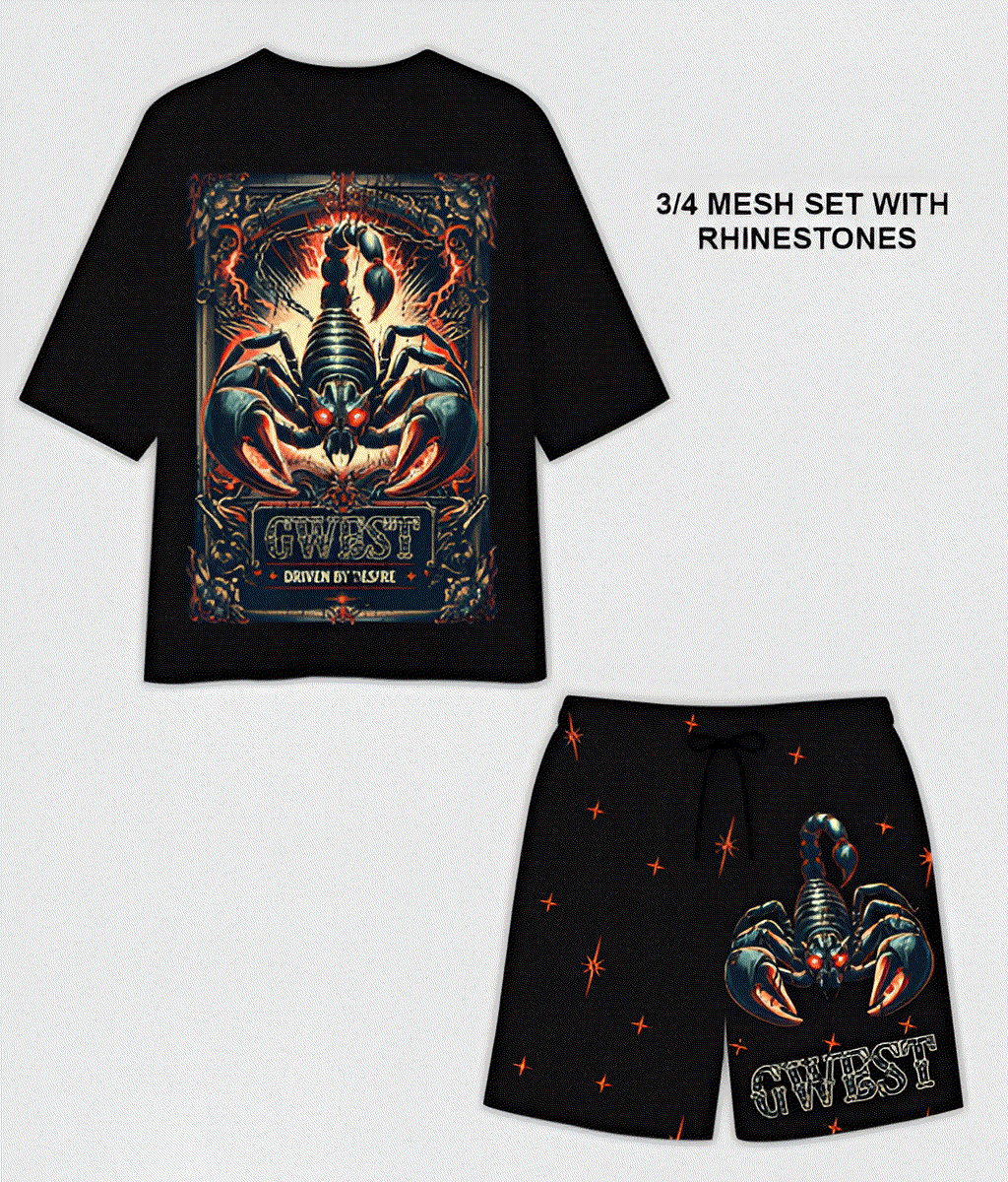 G WEST RHINESTONE SCORPION 3/4 SLEEVES MESH SHORT SET - G West