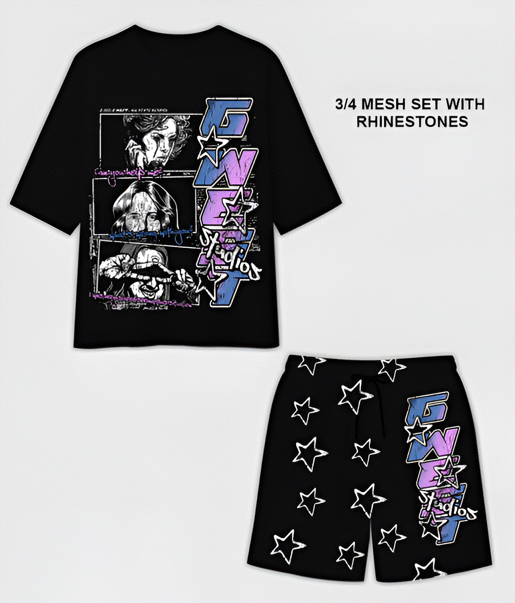 G WEST RHINSTONE CAN YOU HELP ME 3/4 SLEEVES MESH SHORT SET - G West