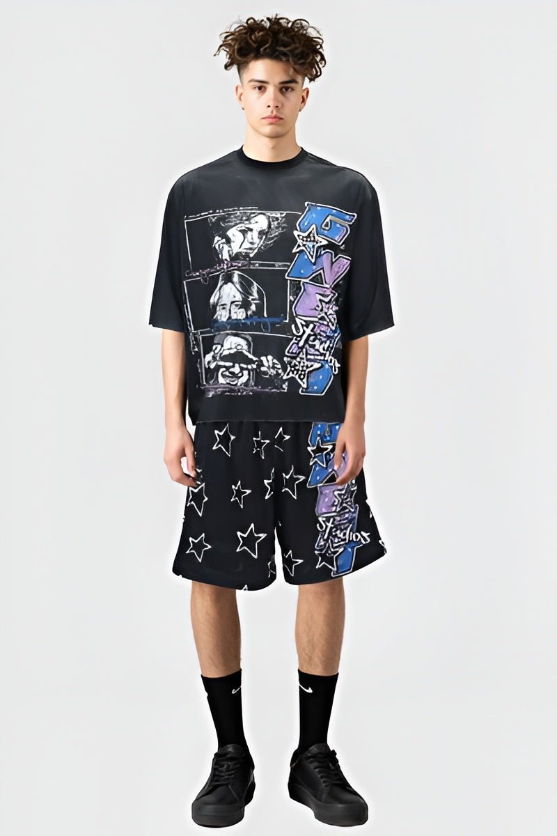 G WEST RHINSTONE CAN YOU HELP ME 3/4 SLEEVES MESH SHORT SET - G West