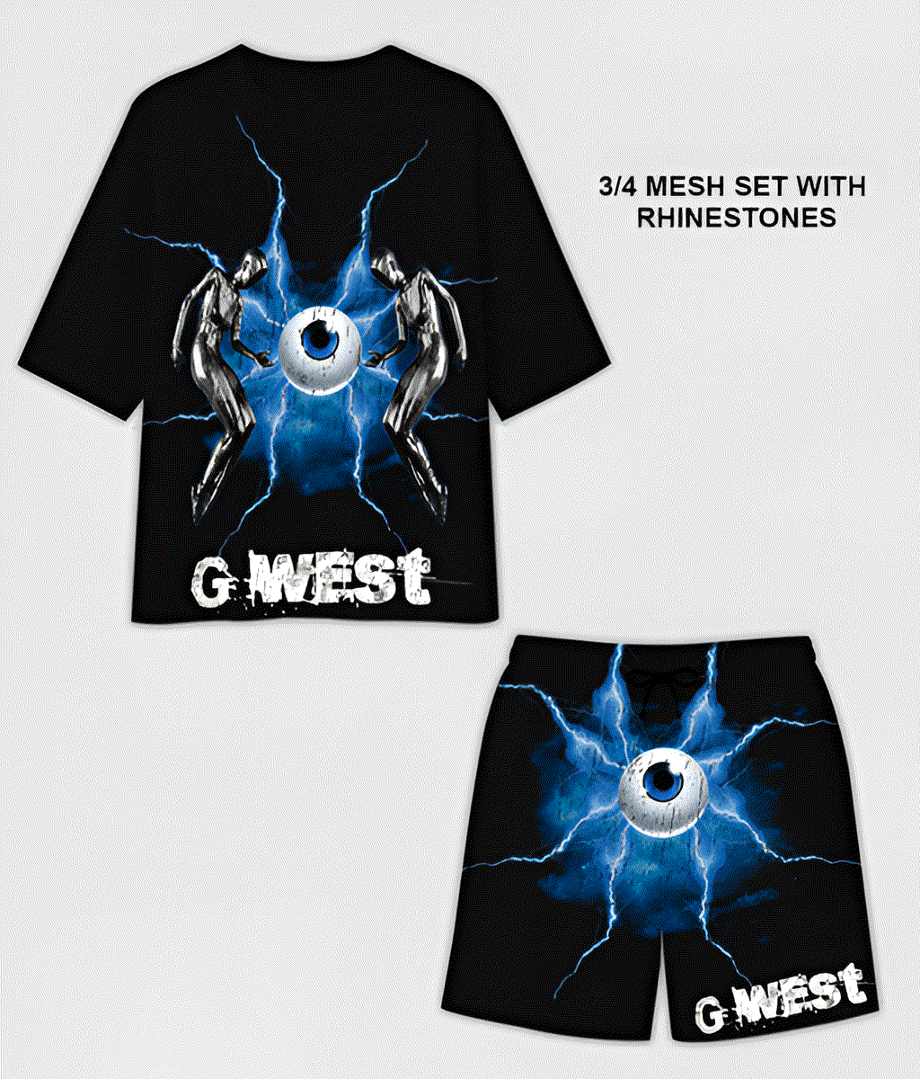 G WEST RHINSTONE EYE OF THE POWER 3/4 SLEEVES MESH SHORT SET - G West