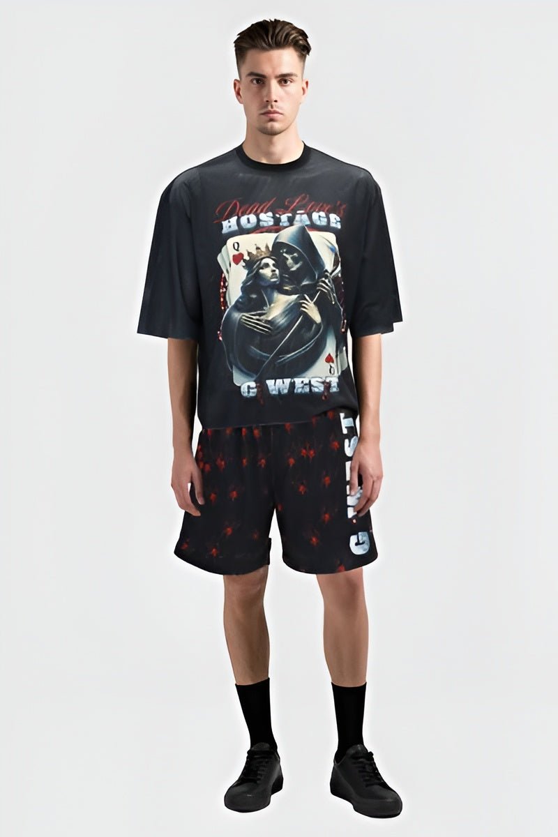 G WEST RHINSTONE HOSTAGAE 3/4 SLEEVES MESH SHORT SET - G West