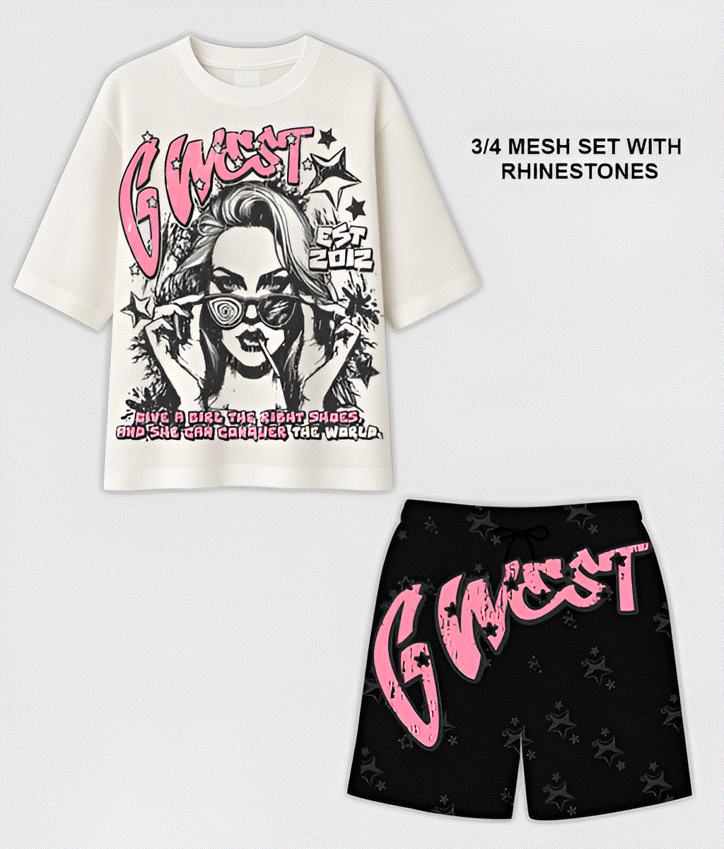 G WEST RHINSTONE MY GIRL 3/4 SLEEVES MESH SHORT SET - G West