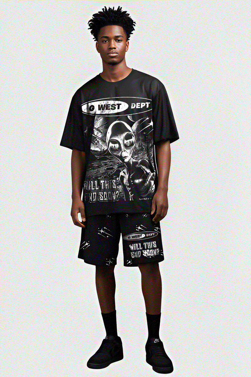 G WEST RHINSTONE NOT MY EARTH 3/4 SLEEVES MESH SHORT SET - G West