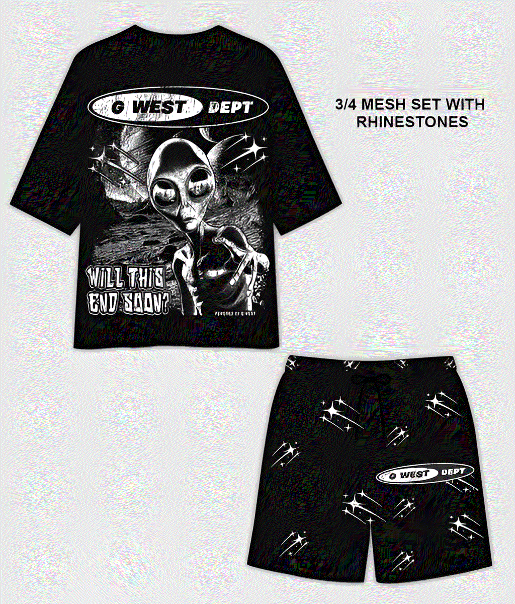 G WEST RHINSTONE NOT MY EARTH 3/4 SLEEVES MESH SHORT SET - G West