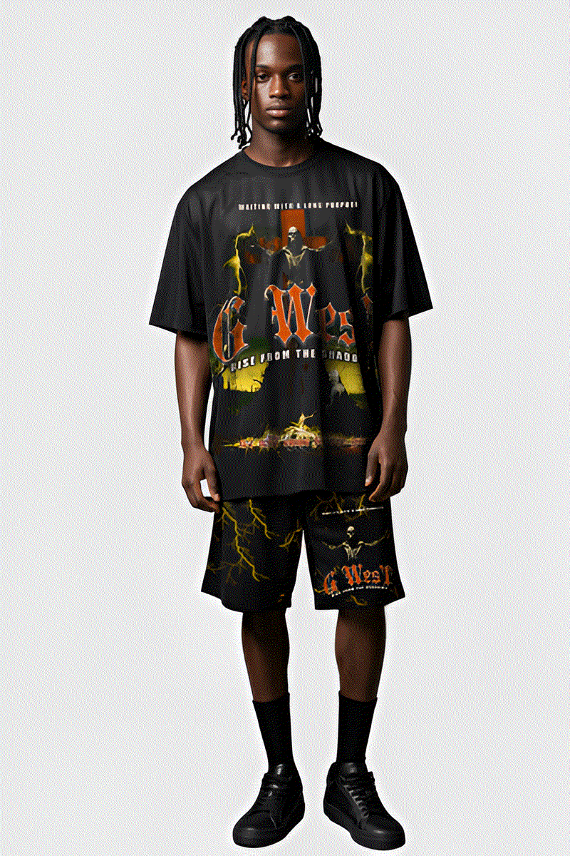 G WEST RHINSTONE RISE FROM THE SHADOW 3/4 SLEEVES MESH SHORT SET - G West