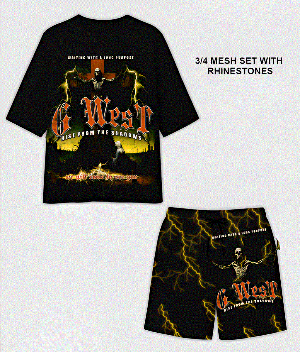 G WEST RHINSTONE RISE FROM THE SHADOW 3/4 SLEEVES MESH SHORT SET - G West