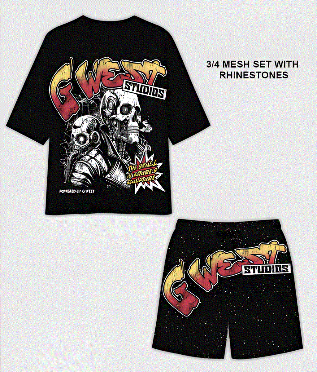 G WEST RHINSTONE SKULL TECH 3/4 SLEEVES MESH SHORT SET - G West