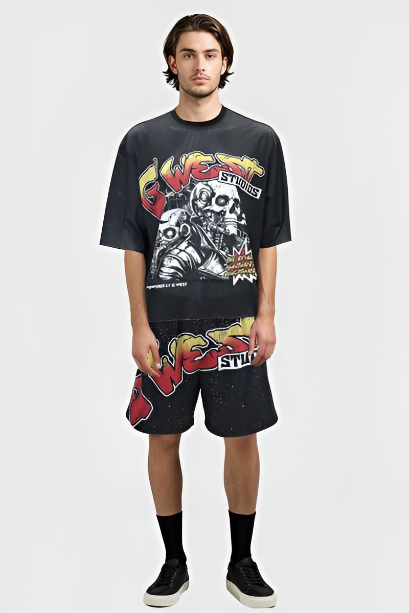 G WEST RHINSTONE SKULL TECH 3/4 SLEEVES MESH SHORT SET - G West