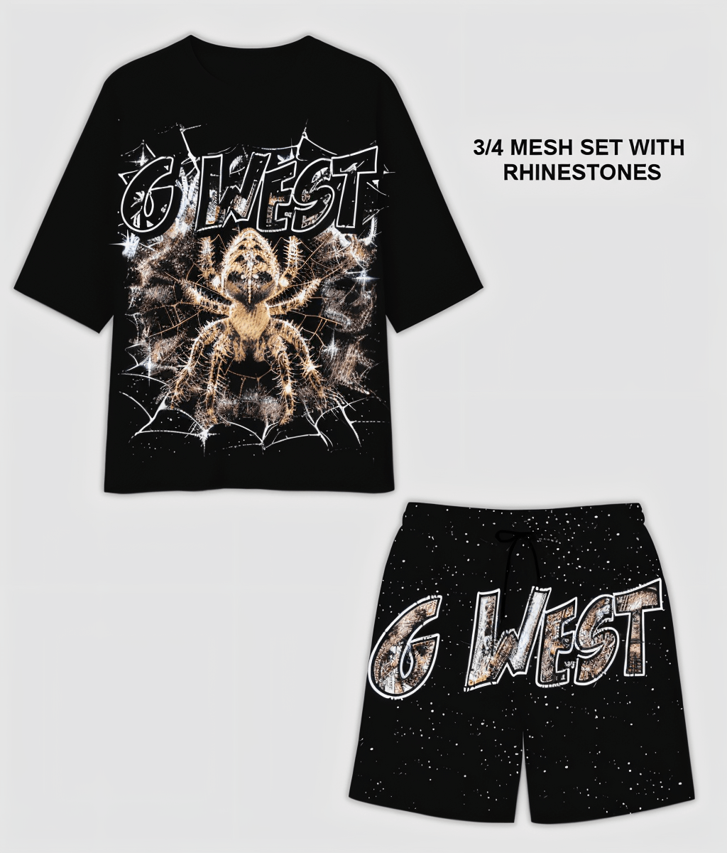 G WEST RHINSTONE SPIDER 3.0 3/4 SLEEVES MESH SHORT SET - G West