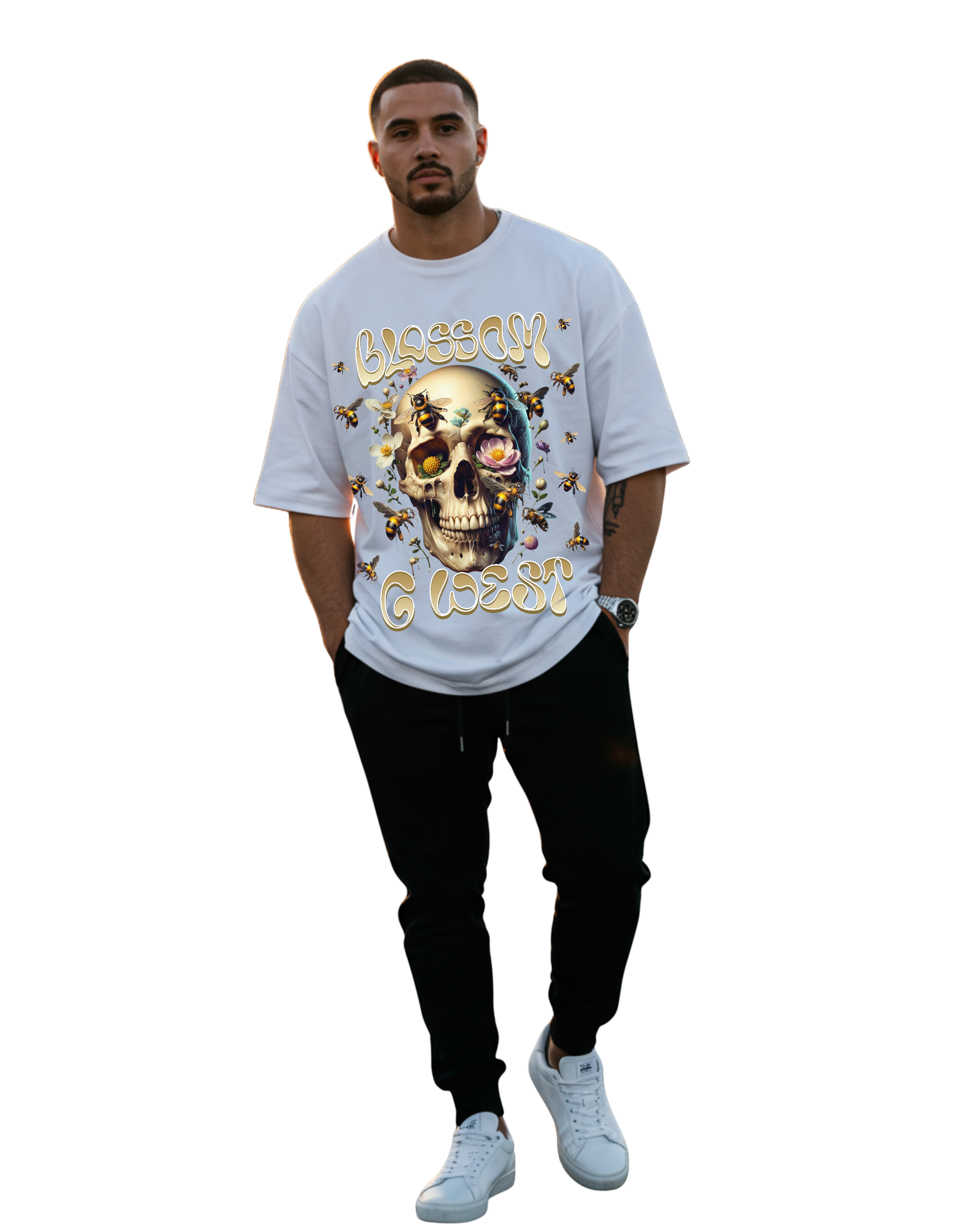 G West Rhinestone Bees And Bones Men's Oversized T-Shirt - G West