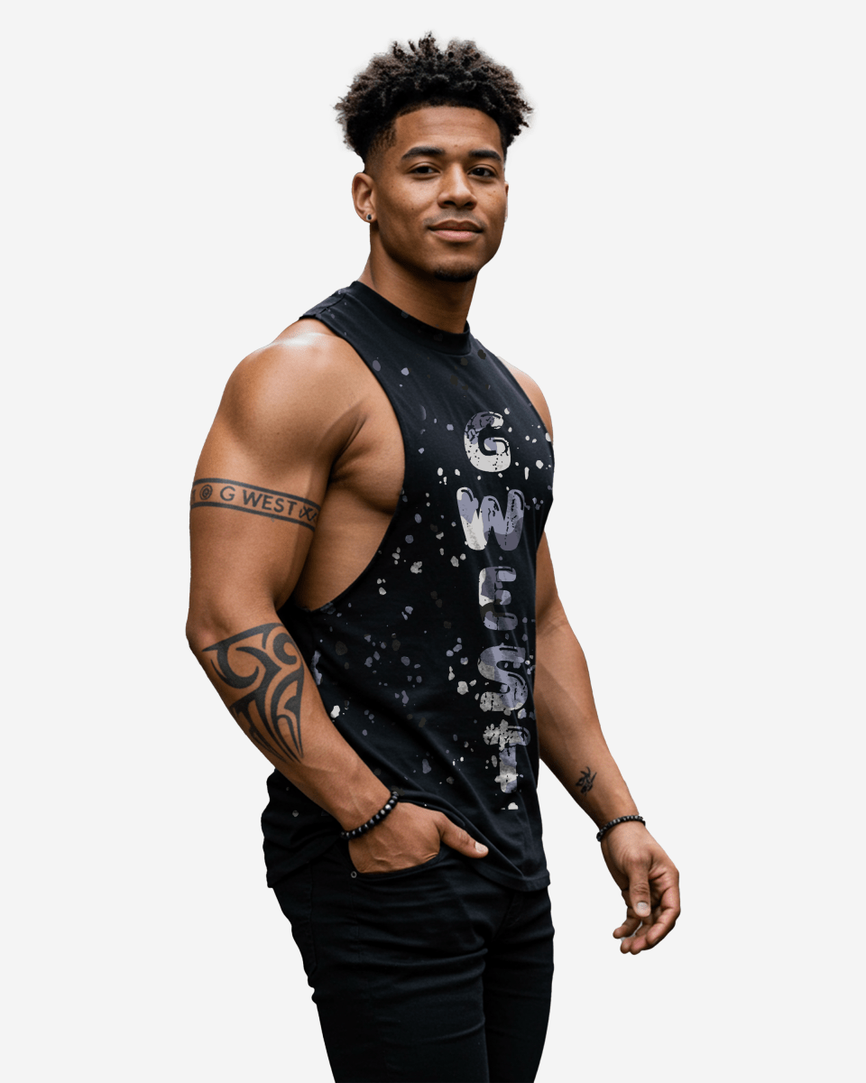 G WEST LOGO ARMY GREY SPLATTRE BLACK TANKS - G West
