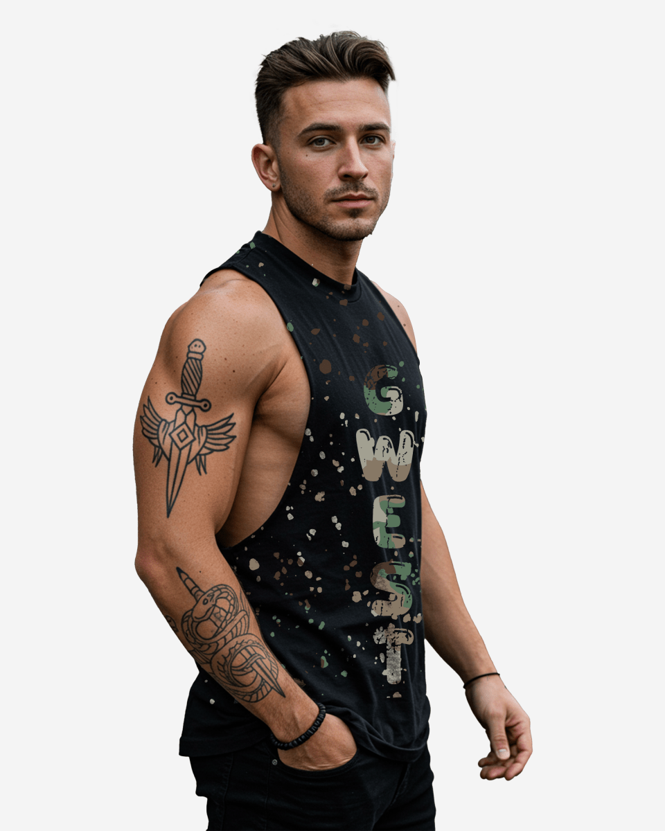 G WEST LOGO ARMY SPLATTRE BLACK TANKS - G West
