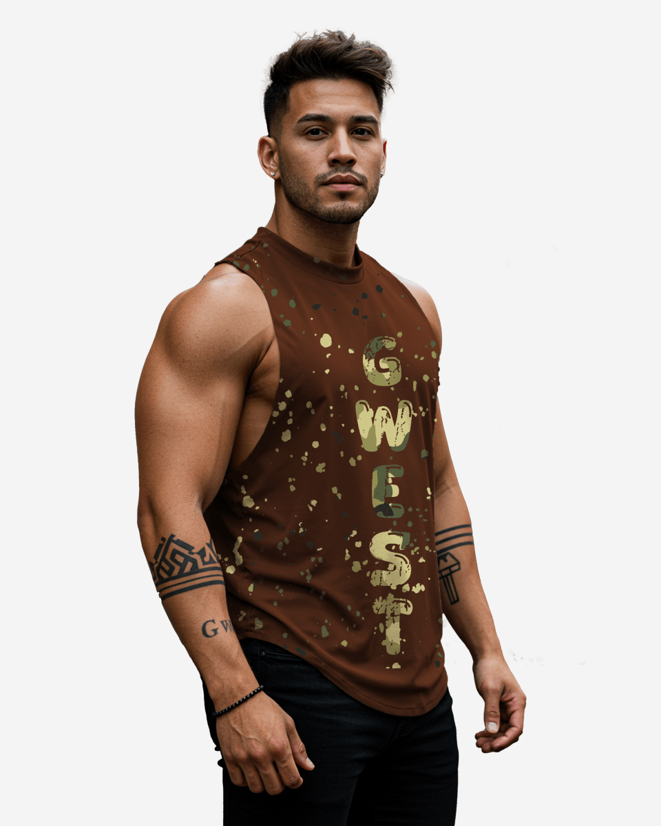 G WEST LOGO ARMY TAN SPLATTRE BROWN TANKS - G West