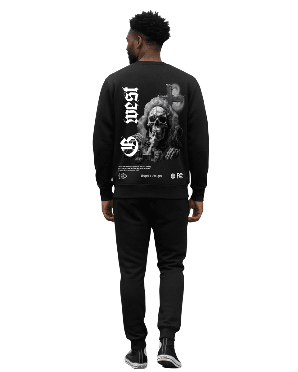 G - West Men's Smoke Skull Fleece Crewneck With Invisible Zippers - G West