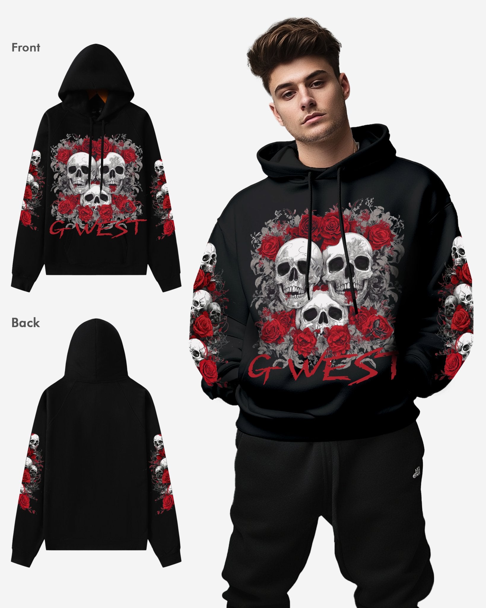 G West Rhinestone Roses And Bones Oversized Hoodie - G West