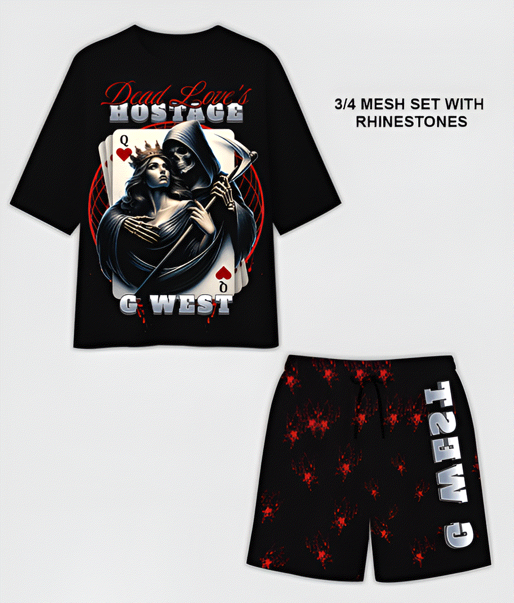G WEST RHINSTONE HOSTAGAE 3/4 SLEEVES MESH SHORT SET - G West