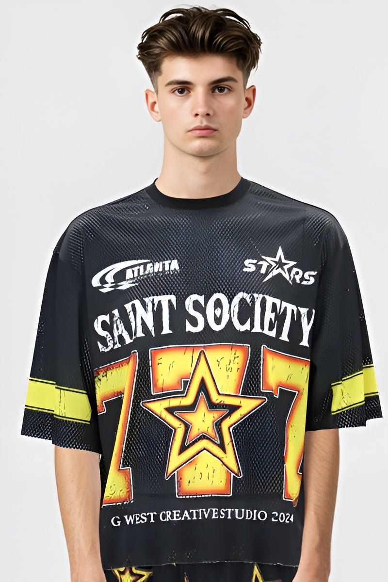 G WEST RHINSTONE SAINT SOCIETY 3/4 SLEEVES MESH SHORT SET - G West