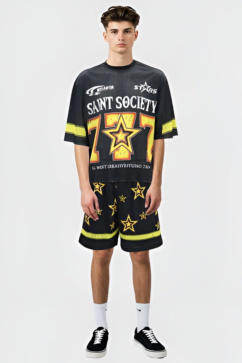 G WEST RHINSTONE SAINT SOCIETY 3/4 SLEEVES MESH SHORT SET - G West