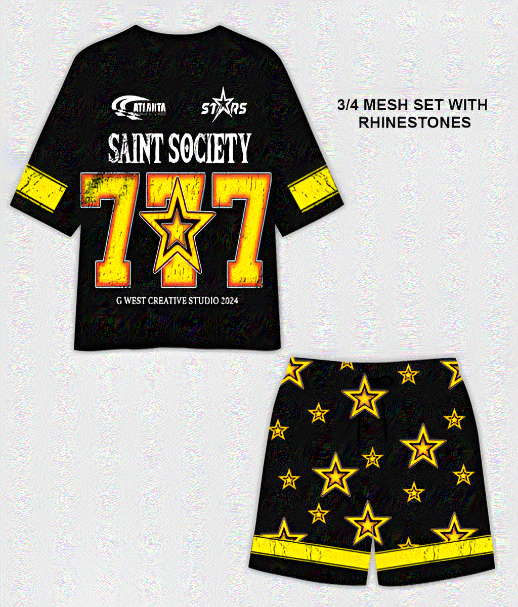 G WEST RHINSTONE SAINT SOCIETY 3/4 SLEEVES MESH SHORT SET - G West