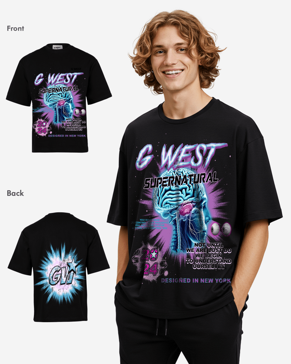 G West Supernatural Acid Wash Premium Oversized Tee Front And Back Print - G West