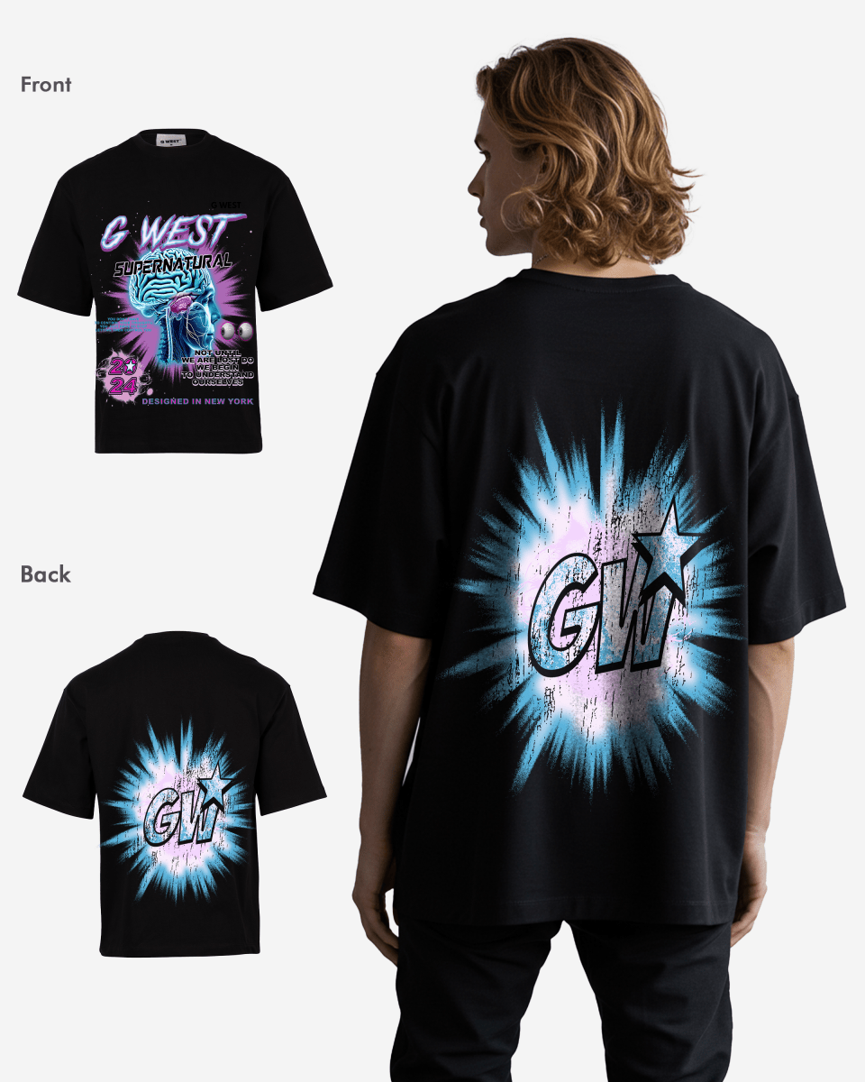 G West Supernatural Acid Wash Premium Oversized Tee Front And Back Print - G West