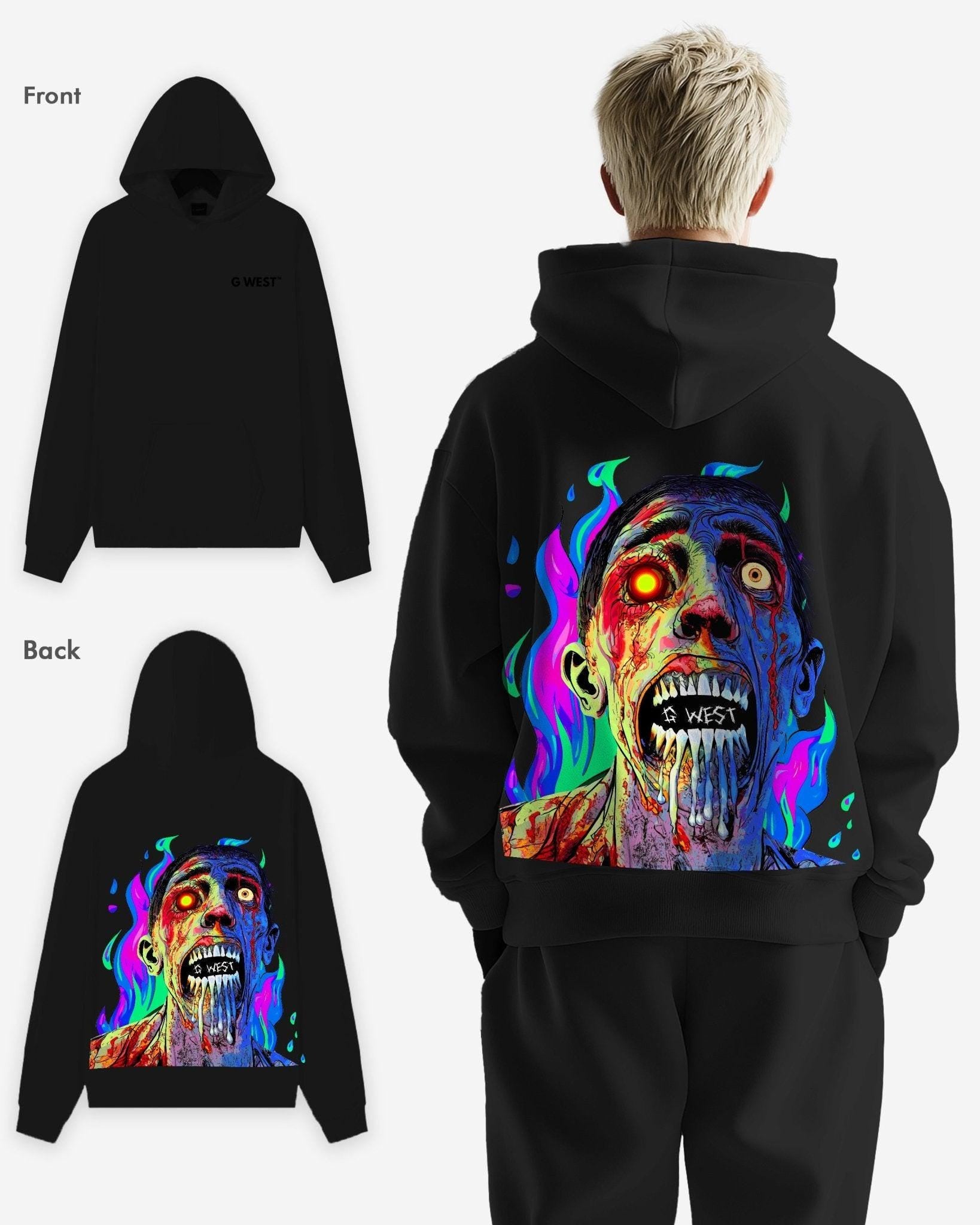 G WEST FLAMING ZOMBIE HOODIE MENS OVERSIZE STYLE - G West