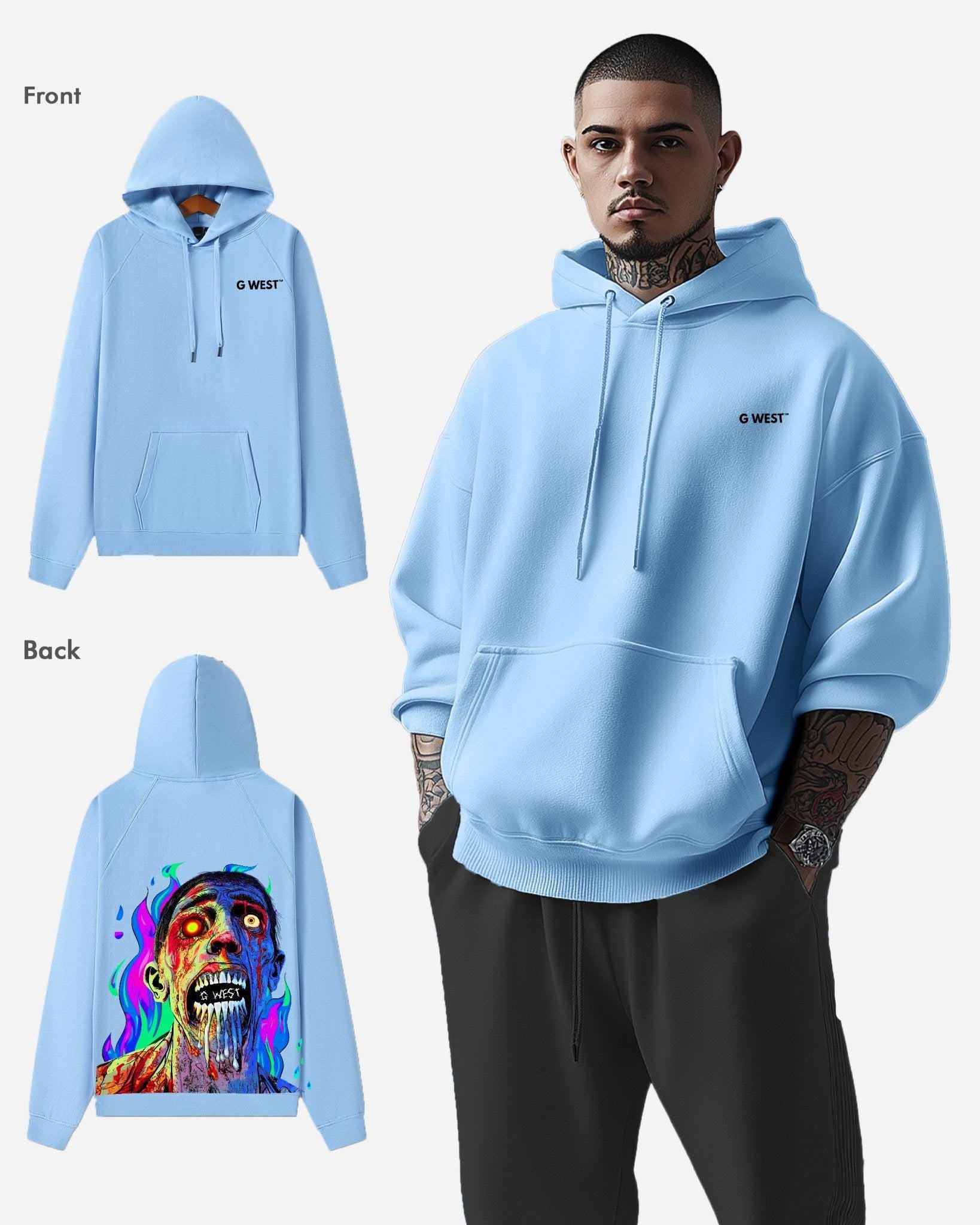 G WEST FLAMING ZOMBIE HOODIE MENS OVERSIZE STYLE - G West